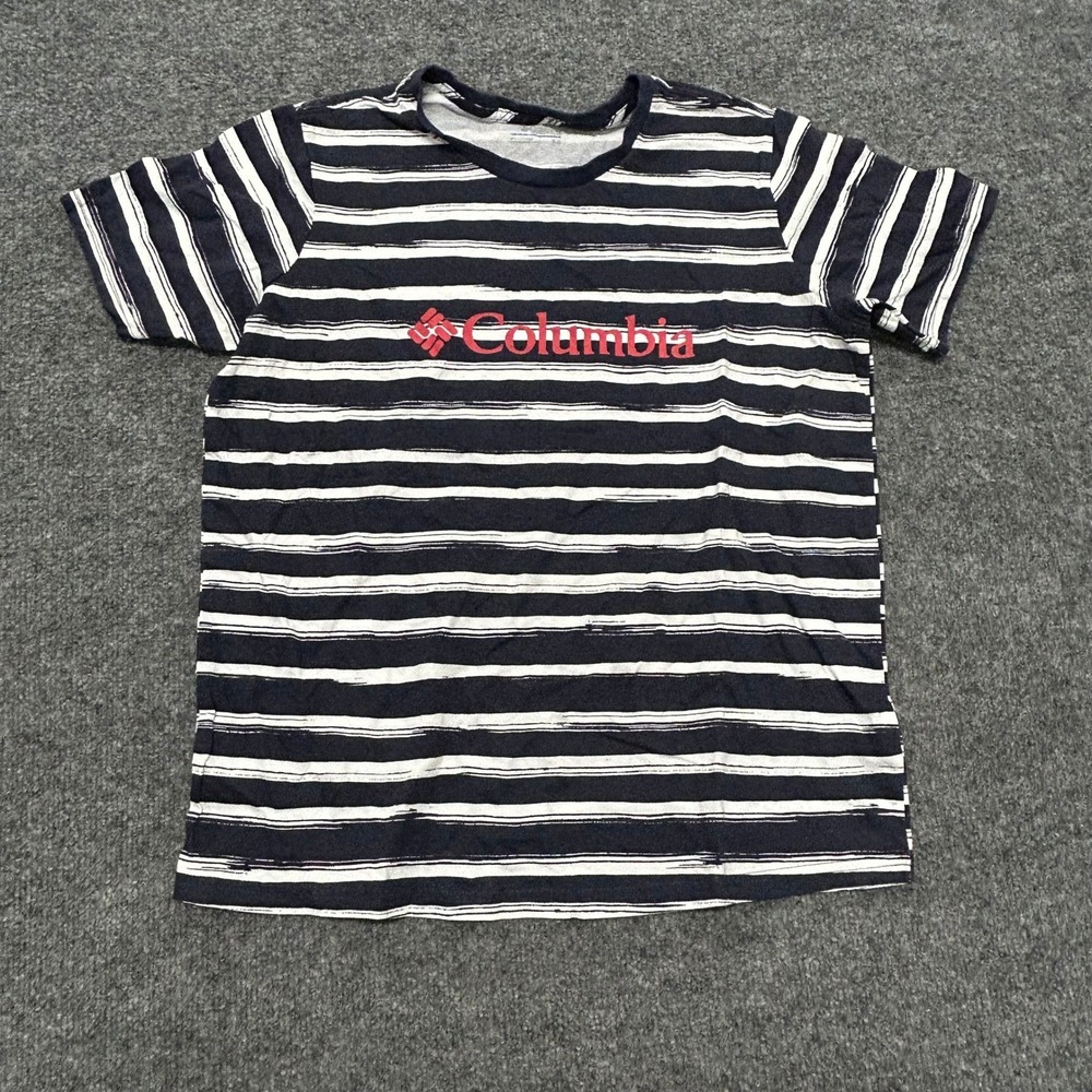 Columbia T-Shirt Womens Size M Navy Blue Striped Short Sleeve Casual Logo Top